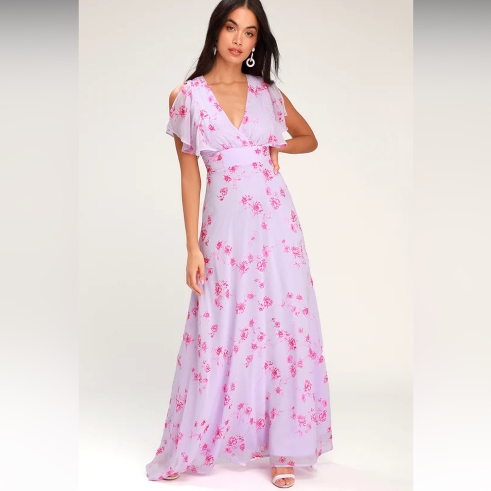 Lulu’s Dearly Loved Lavender Floral Print Flutter Sleeve Maxi Dress